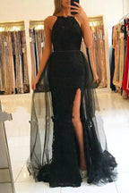 Black Mermaid Tulle Lace Long Prom Dress With Slit