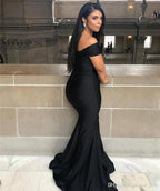 Black Off-the-shoulder Floor-length Backless Mermaid Prom Dress