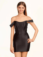 Fuchsia Sheath Off the Shoulder Short Satin Homecoming Dress