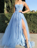 Blue Long A-Line Lace Tulle Prom Dress With Slit