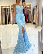 Blue Long V-neck Open Back Lace Mermaid Prom Dress with slit