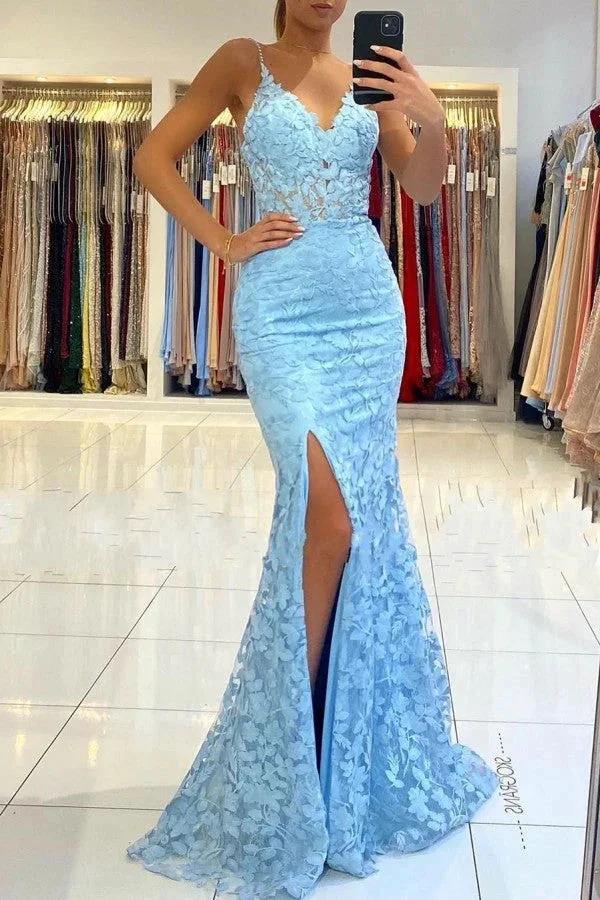 Blue Long V-neck Open Back Lace Mermaid Prom Dress with slit