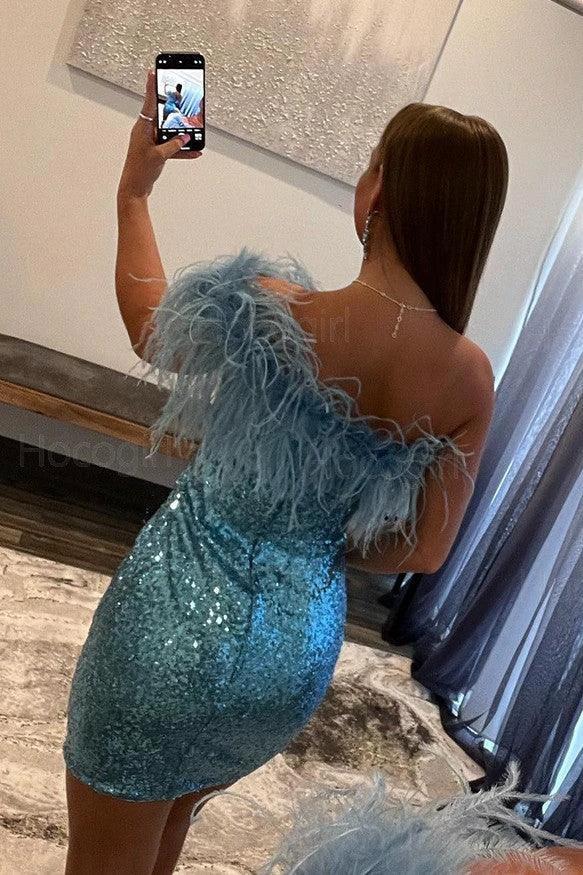 Blue One Shoulder Sleeveless Short Homecoming Dresses With Feathers