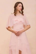 Blushing Pink Bridesmaid Dress Knee Length Simple Chiffon Girls Party Dress with Wraps