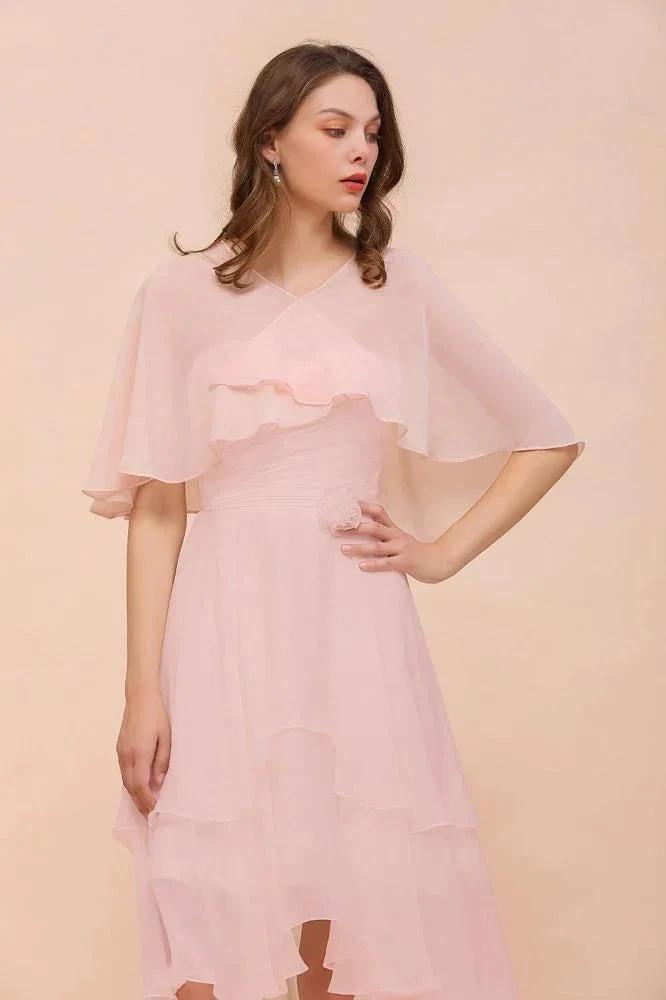 Blushing Pink Bridesmaid Dress Knee Length Simple Chiffon Girls Party Dress with Wraps