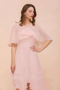 Blushing Pink Bridesmaid Dress Knee Length Simple Chiffon Girls Party Dress with Wraps