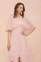 Blushing Pink Bridesmaid Dress Knee Length Simple Chiffon Girls Party Dress with Wraps
