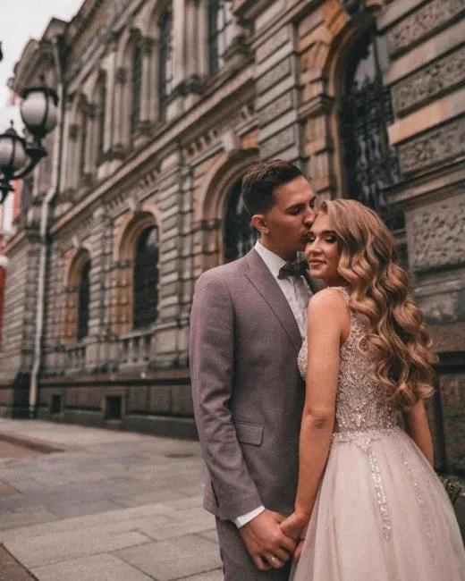 Boho A-line V-Neck Slit Wedding Dresses with Lace