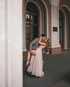 Boho A-line V-Neck Slit Wedding Dresses with Lace