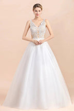 Boho Long A-line V-Neck Straps Tulle Appliques Lace Wedding Dress