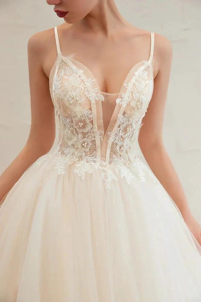 Boho Spaghetti Straps Ivory Ball Gown Tulle Aline Wedding Dress