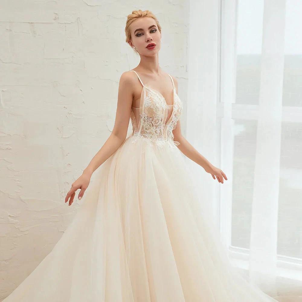 Boho Spaghetti Straps Ivory Ball Gown Tulle Aline Wedding Dress