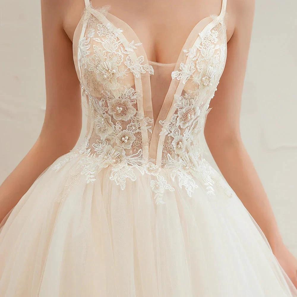 Boho Spaghetti Straps Ivory Ball Gown Tulle Aline Wedding Dress