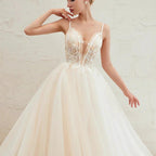 Boho Spaghetti Straps Ivory Ball Gown Tulle Aline Wedding Dress