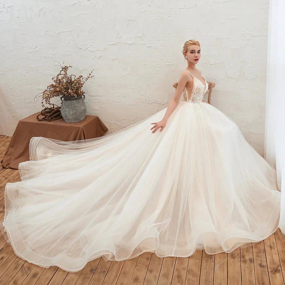 Boho Spaghetti Straps Ivory Ball Gown Tulle Aline Wedding Dress