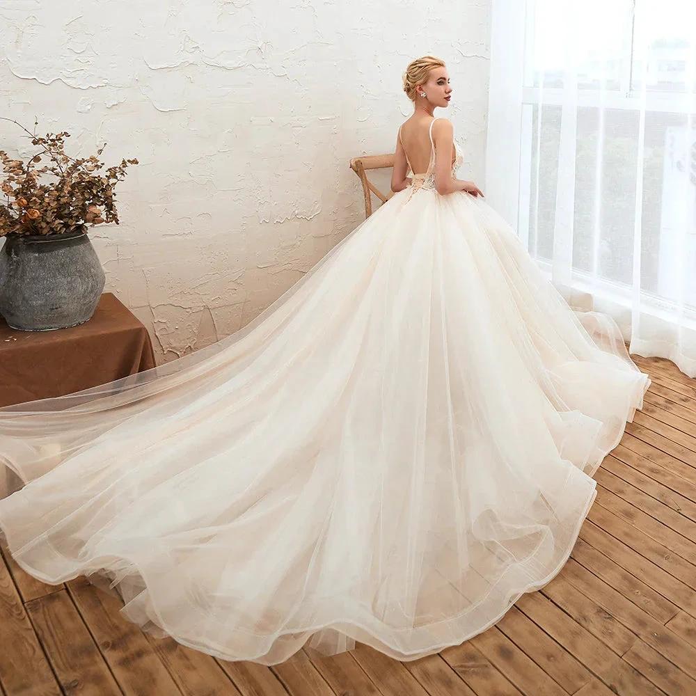 Boho Spaghetti Straps Ivory Ball Gown Tulle Aline Wedding Dress