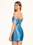 Fuchsia Sheath Off the Shoulder Short Satin Homecoming Dress