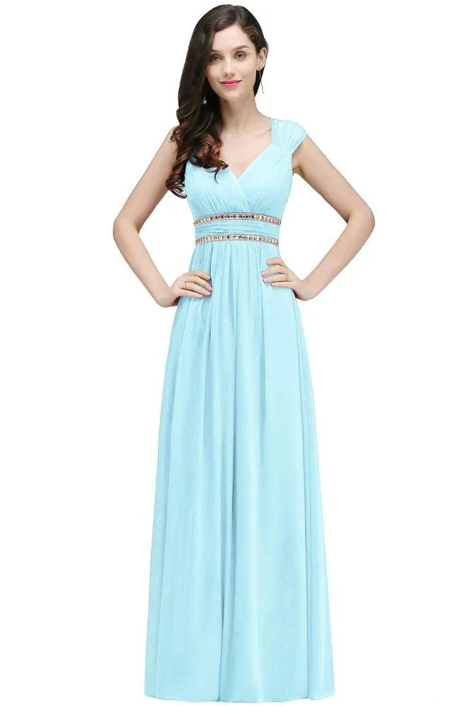 Burgundy Chiffon Sheath V Neck Long Evening Dresses