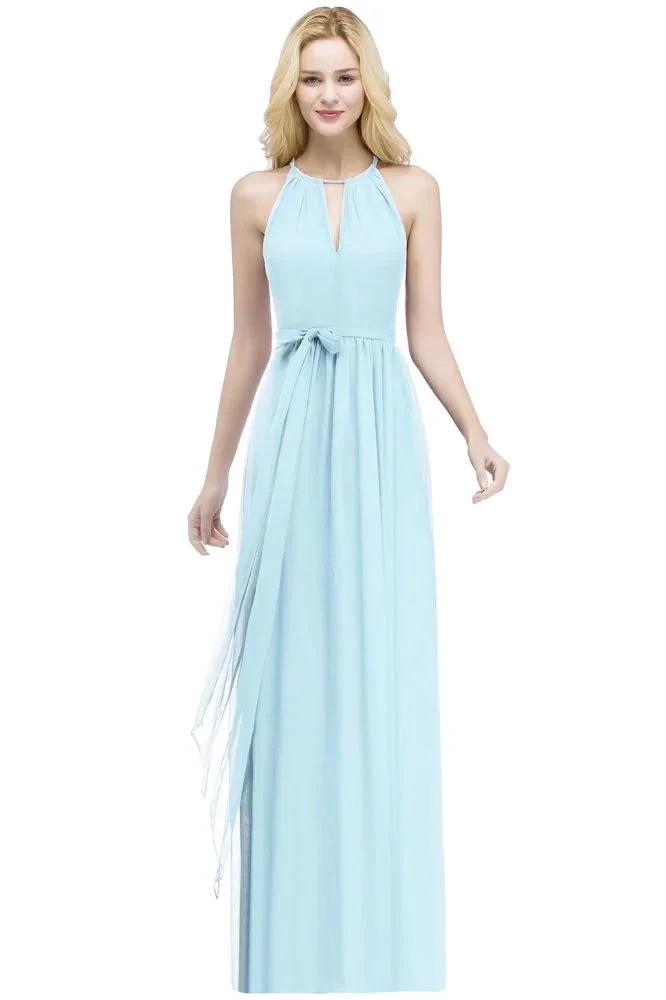 Burgundy Halter A-line Floor Length Bridesmaid Dresses with Bow Sash