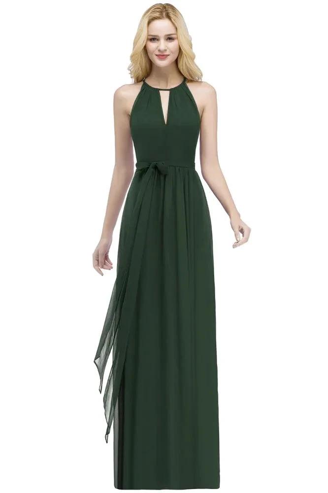 Burgundy Halter A-line Floor Length Bridesmaid Dresses with Bow Sash