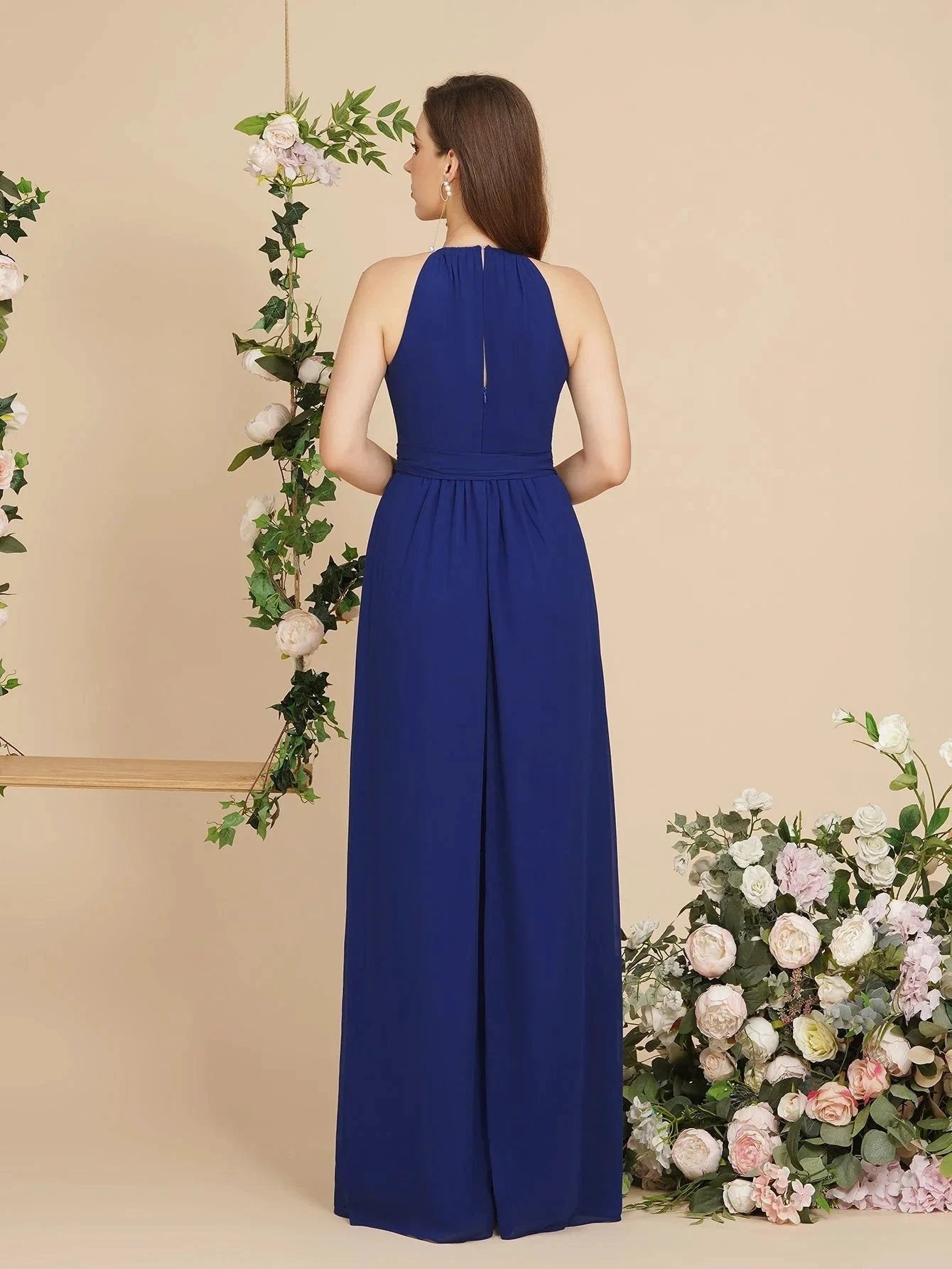 Burgundy Halter A-line Floor Length Bridesmaid Dresses with Bow Sash