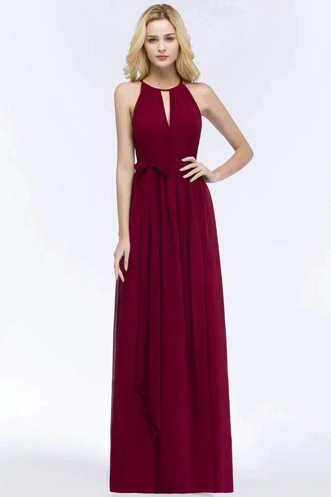 Burgundy Halter A-line Floor Length Bridesmaid Dresses with Bow Sash
