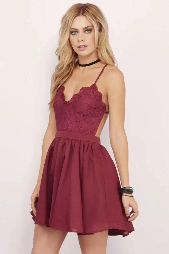 Burgundy Homecoming Dress Spaghetti Straps A-line Lace Short Prom Dress PD356