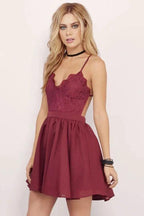 Burgundy Homecoming Dress Spaghetti Straps A-line Lace Short Prom Dress PD356