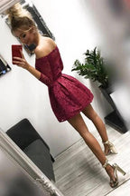 Burgundy Lace Off-the-Shoulder Long Sleeves Homecoming Dresses PD338
