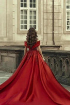 Burgundy Off-the-shoulder A-Line Satin Wedding Dresses Bridal Gowns With Lace