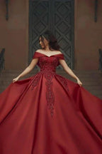 Burgundy Off-the-shoulder A-Line Satin Wedding Dresses Bridal Gowns With Lace