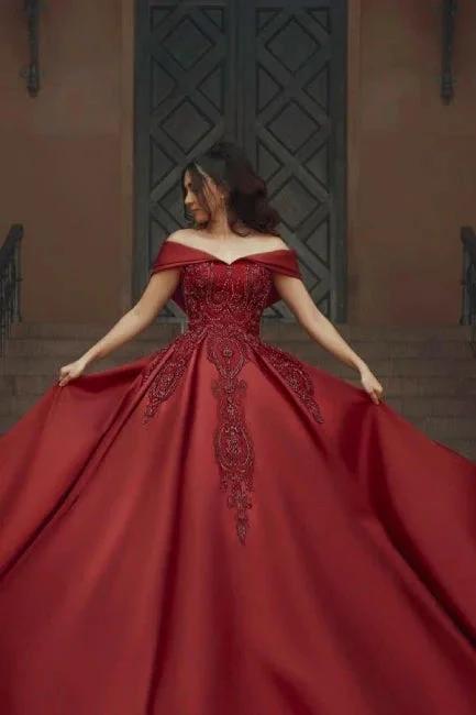 Burgundy Off-the-shoulder A-Line Satin Wedding Dresses Bridal Gowns With Lace
