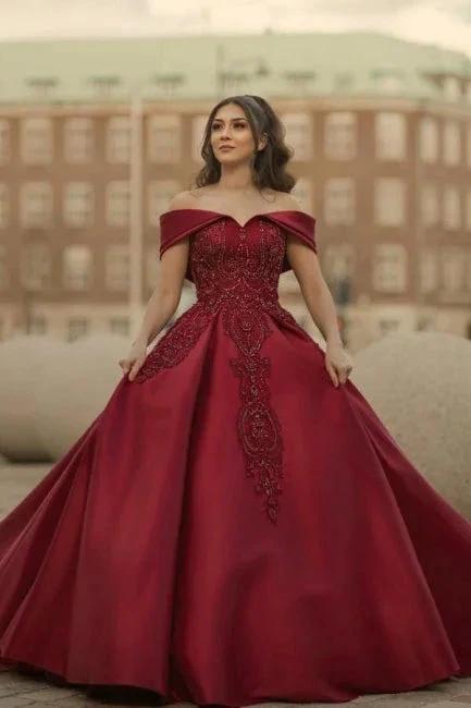 Burgundy Off-the-shoulder A-Line Satin Wedding Dresses Bridal Gowns With Lace