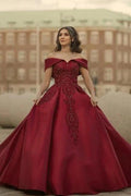 Burgundy Off-the-shoulder A-Line Satin Wedding Dresses Bridal Gowns With Lace