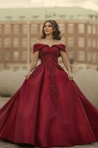 Burgundy Off-the-shoulder A-Line Satin Wedding Dresses Bridal Gowns With Lace