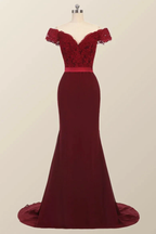 Lace Burgundy Bridesmaid Dress Off-the-Shoulder Mermaid Prom Dresses