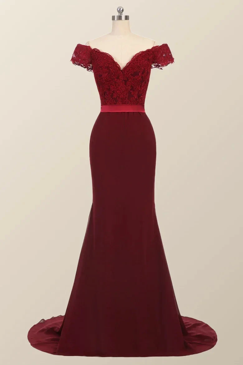 Lace Burgundy Bridesmaid Dress Off-the-Shoulder Mermaid Prom Dresses