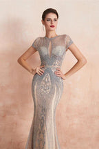 Glamorous Mermaid Beadings Long Prom Dress With Short Sleeves
