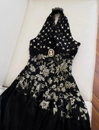 Elegant Black Halter Satin Print Floral Sequins Evening Dress Long ALine Prom Dress Y8568