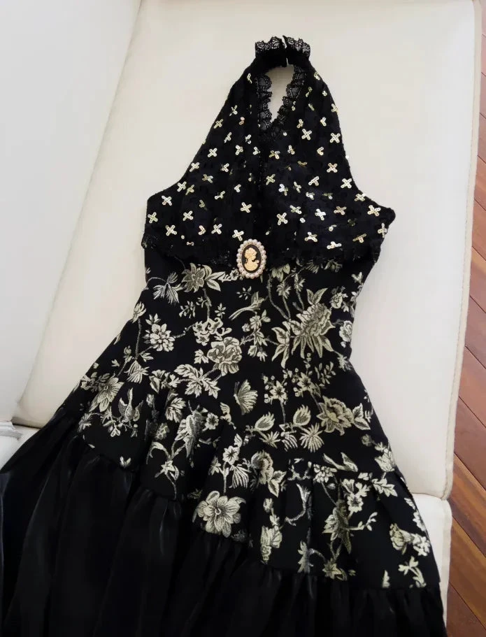 Elegant Black Halter Satin Print Floral Sequins Evening Dress Long ALine Prom Dress Y8568