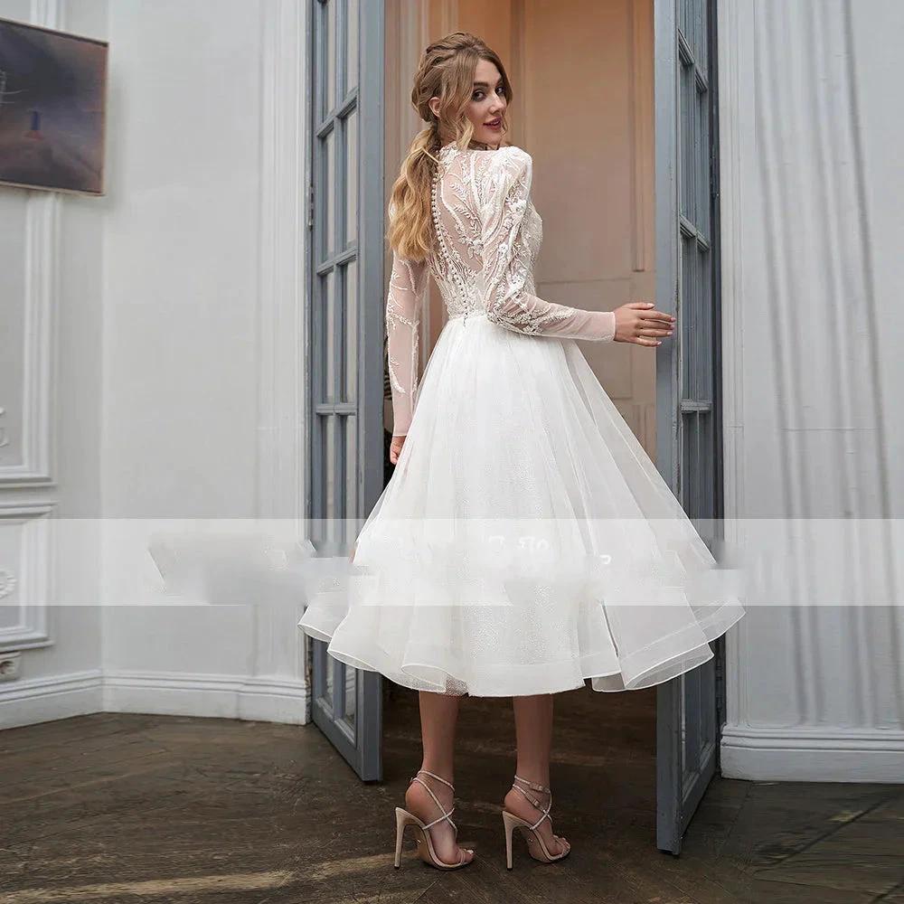 High Collar With Sleeve Luxury Applique Wedding Dress Short Tulle Custom Elegant Tea Length Bride Gown Button Vestidos