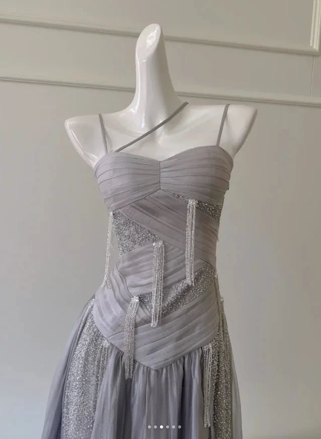 Classy Purple Sequins Tulle Beaded Tassel Prom Dress A Line Evening Dress Y8586