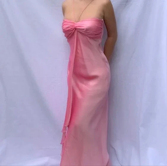 Sweet Pink Chiffon Long Prom Dress Strapless Formal Party Evening Dress Y7560