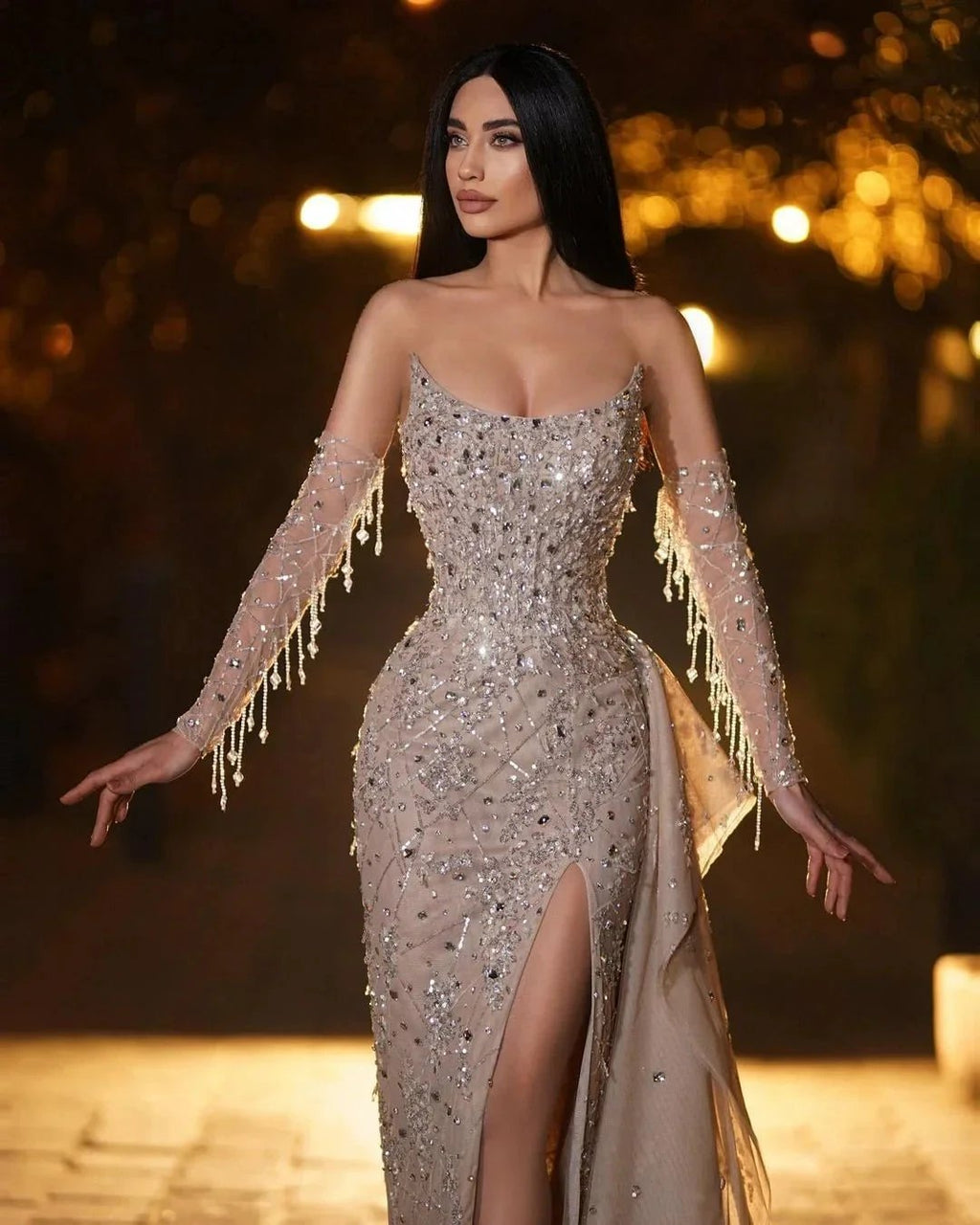 Stunning Long Mermaid Sweetheart Front Slit Prom Dress with Half Sleeves