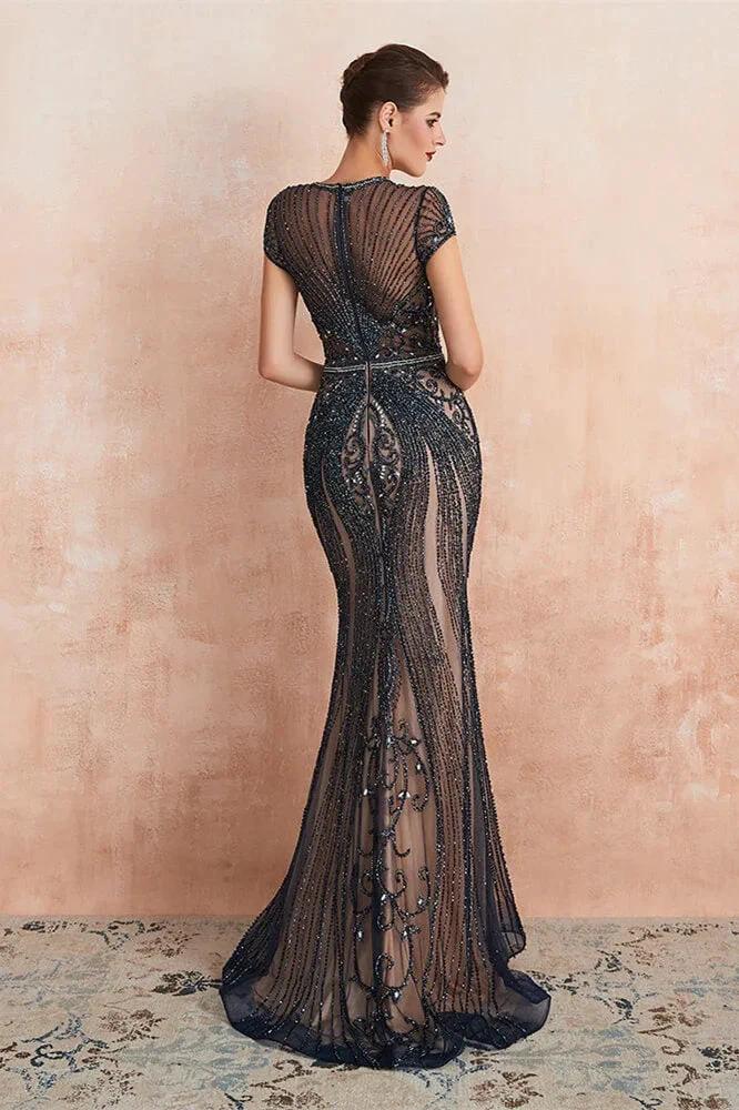 Glamorous Mermaid Beadings Long Prom Dress With Short Sleeves