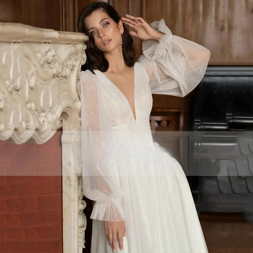 Elegant Glitter Tulle Deep V-Neck Wedding Dresses Princess Shiny Lantern Sleeves Backless A-Line Pleated Bridal Gowns