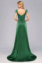 Cap Sleeve aline appliques Bridesmaid Dress Green Side Split Wedding Party Dress with Sweep Train