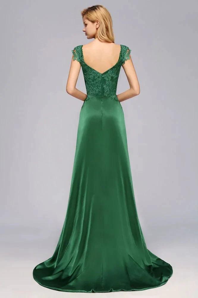 Cap Sleeve aline appliques Bridesmaid Dress Green Side Split Wedding Party Dress with Sweep Train