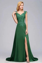 Cap Sleeve aline appliques Bridesmaid Dress Green Side Split Wedding Party Dress with Sweep Train