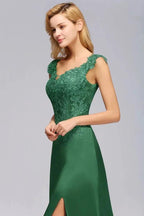Cap Sleeve aline appliques Bridesmaid Dress Green Side Split Wedding Party Dress with Sweep Train